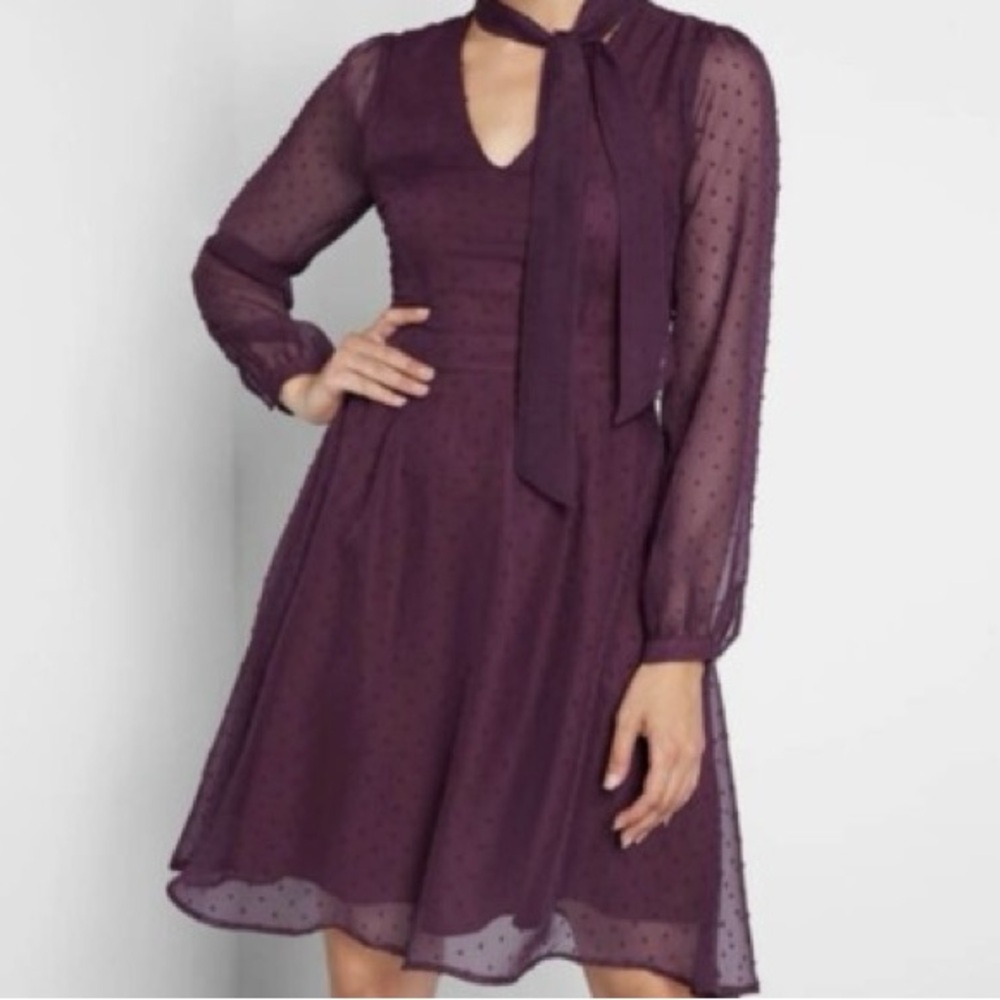 Modcloth Purple/Burgundy A-Line Dress with tie neck and sheer sleeves